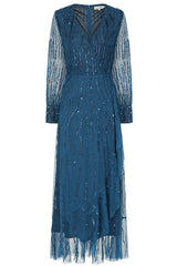 Velora skipper blue sequin midi dress with V-neckline, long sleeves, and fit-and-flare silhouette, perfect for evening events, weddings, and parties.