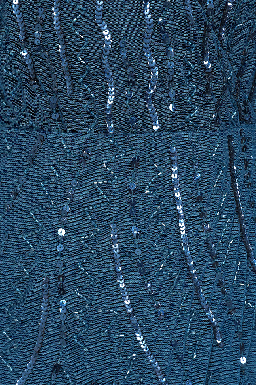 Velora skipper blue sequin midi dress with V-neckline, long sleeves, and fit-and-flare silhouette, perfect for evening events, weddings, and parties.