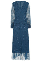 Velora skipper blue sequin midi dress with V-neckline, long sleeves, and fit-and-flare silhouette, perfect for evening events, weddings, and parties.