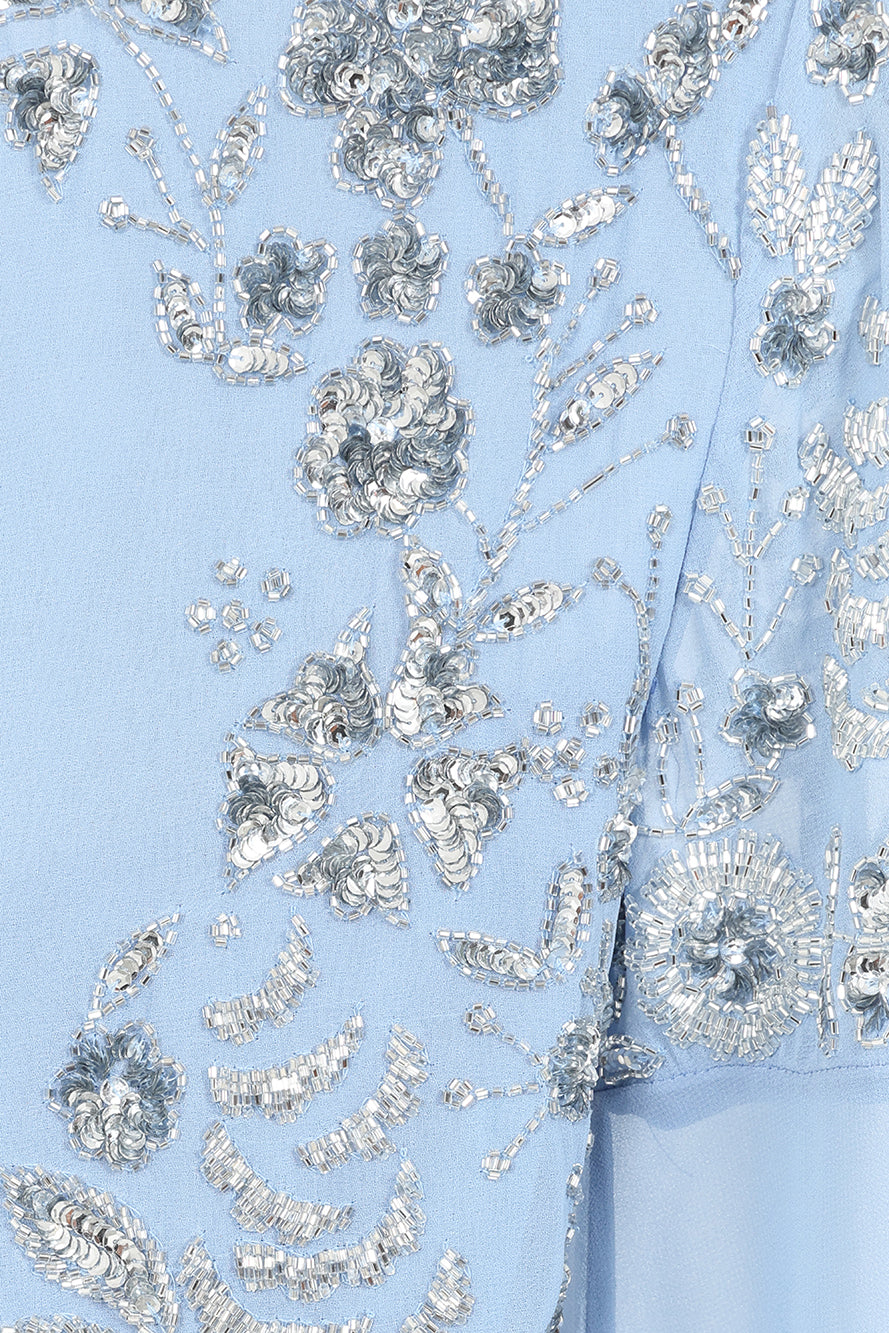 Vera Sky Blue Embellished Cape Sleeve Maxi Dress
