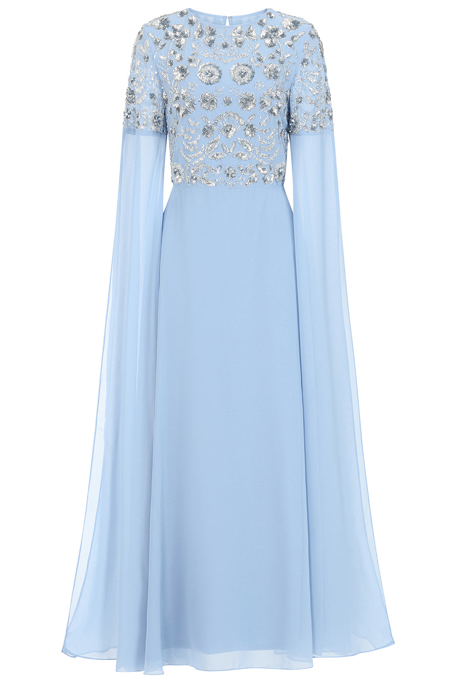 Vera Sky Blue Embellished Cape Sleeve Maxi Dress – Frock and Frill
