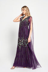 Verbena Purple Cape Sleeve Floral Embellished Maxi Dress