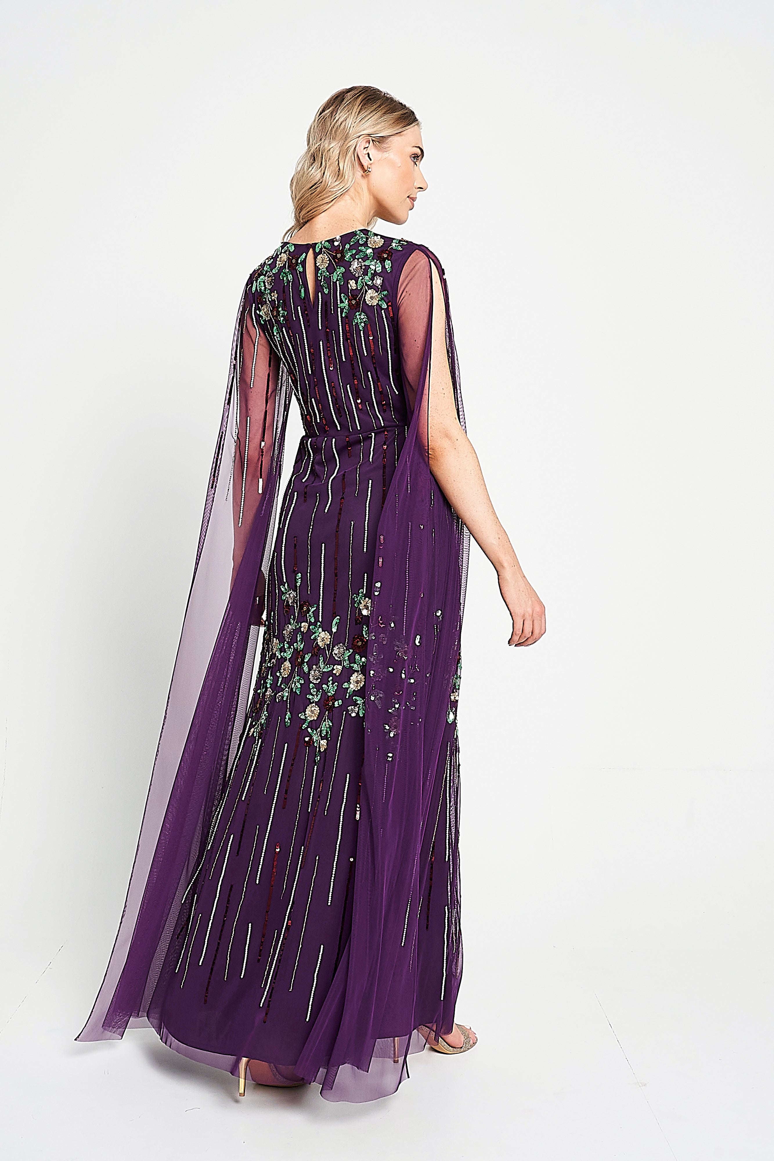 Verbena Purple Cape Sleeve Floral Embellished Maxi Dress Frock and Frill Verbena Purple Cape Sleeve Floral Embellished Maxi Dress Frock and Frill