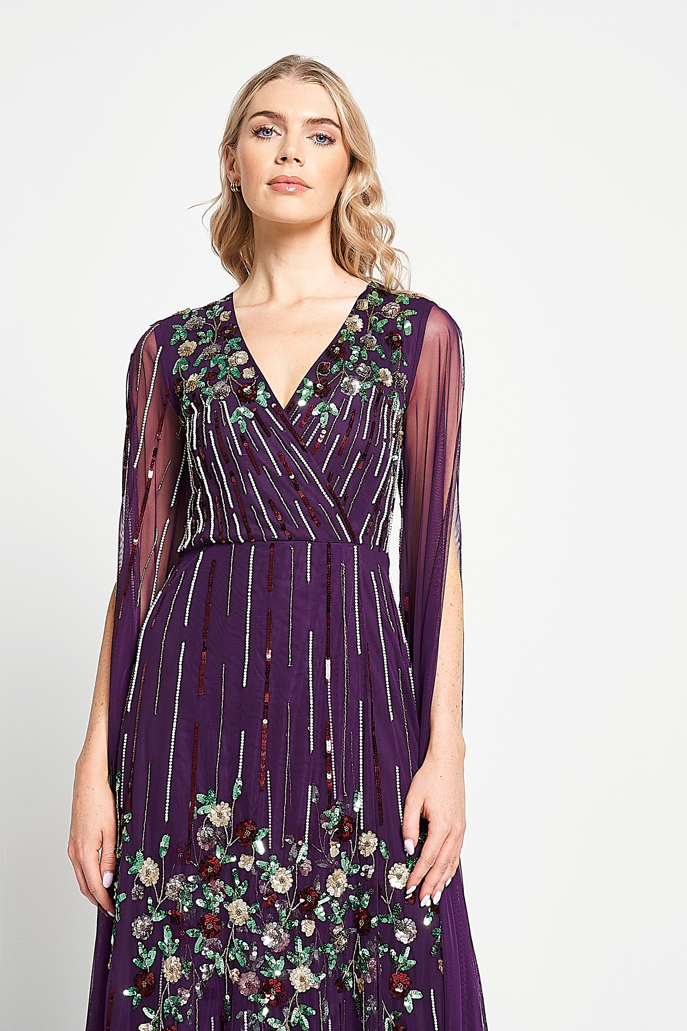 Verbena Purple Cape Sleeve Floral Embellished Maxi Dress – Frock