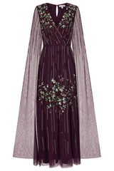 Verbena Purple Cape Sleeve Floral Embellished Maxi Dress