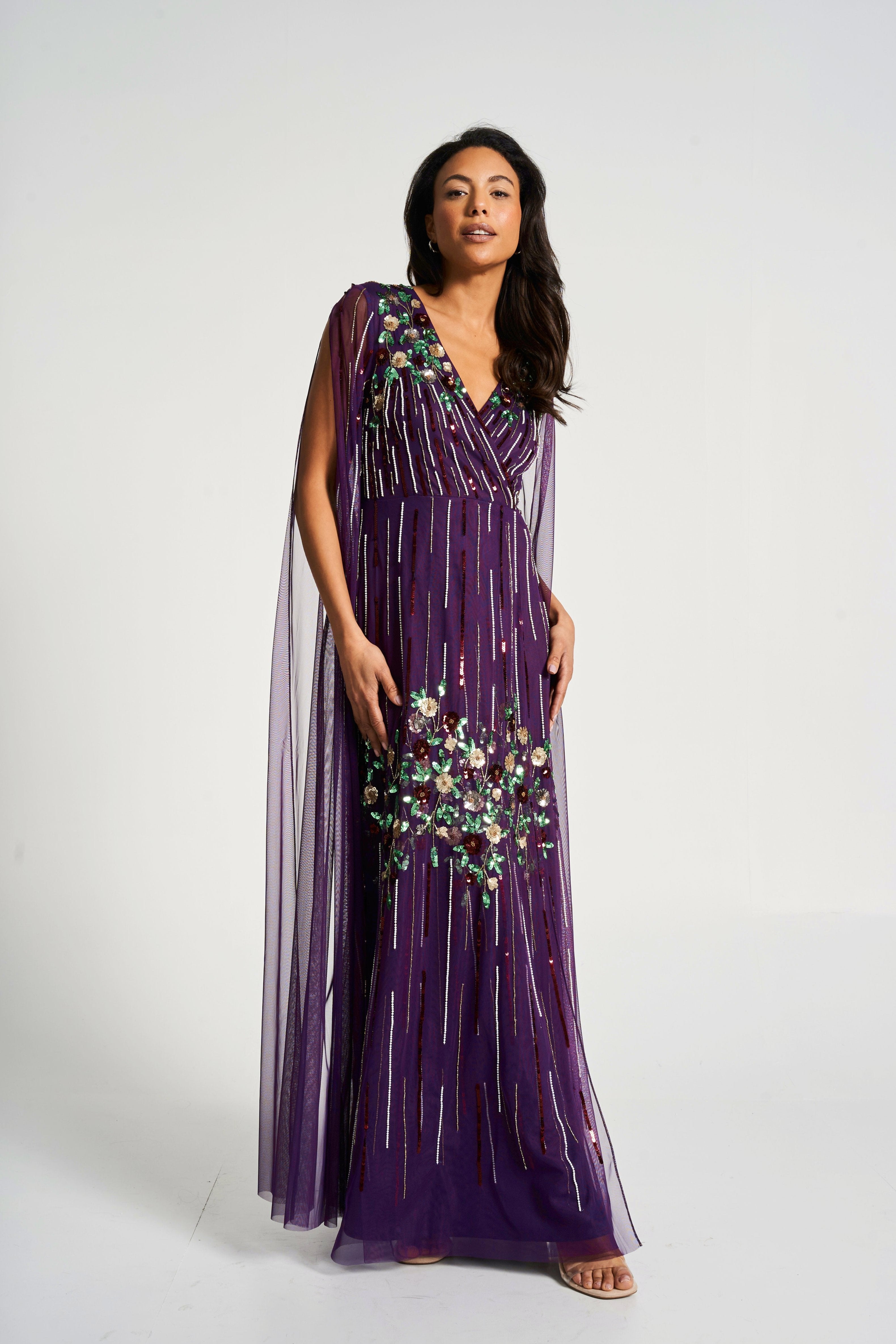 Verbena Purple Cape Sleeve Floral Embellished Maxi Dress Frock and Frill Verbena Purple Cape Sleeve Floral Embellished Maxi Dress Frock and Frill