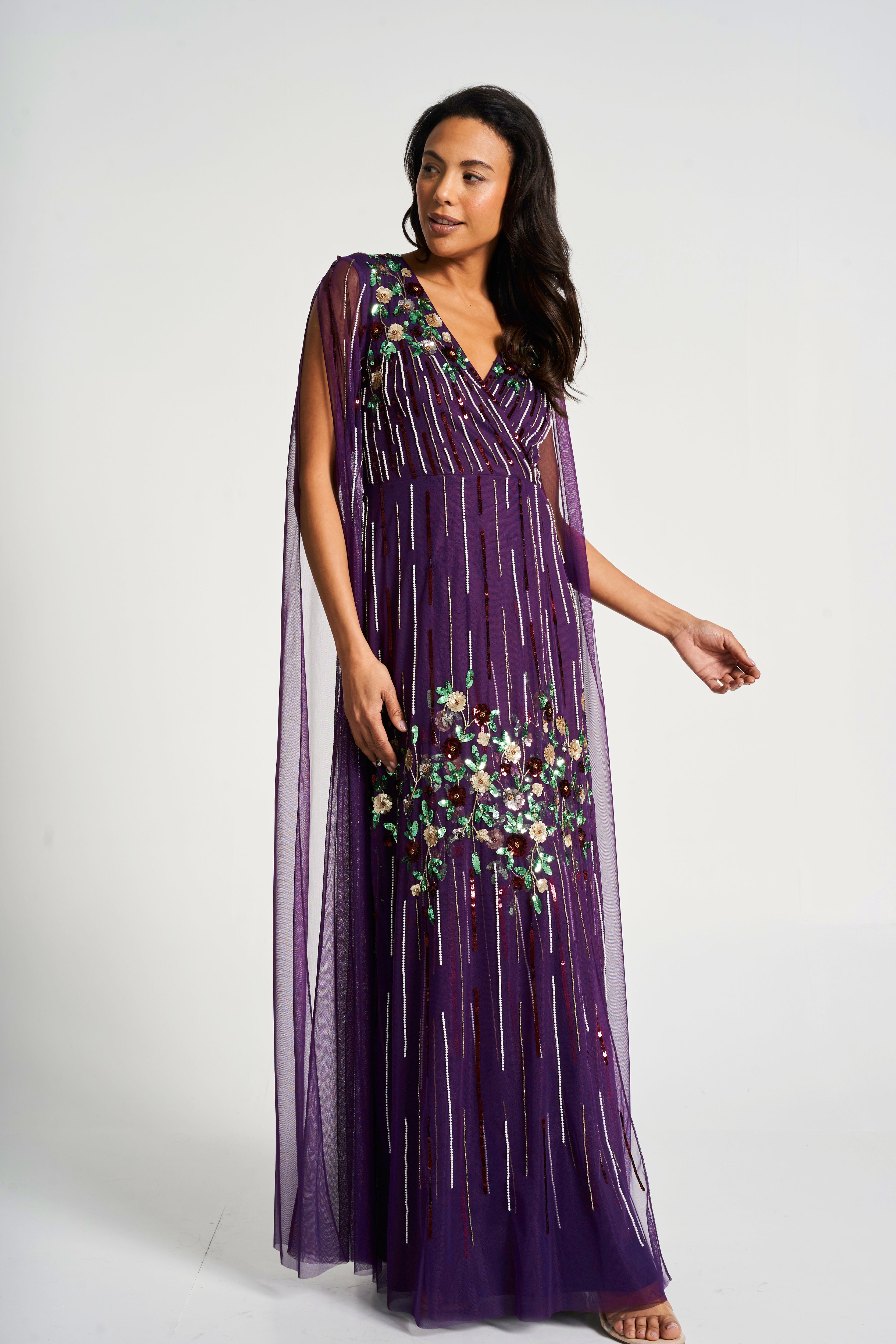 Verbena Purple Cape Sleeve Floral Embellished Maxi Dress – Frock