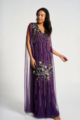 Verbena Purple Cape Sleeve Floral Embellished Maxi Dress