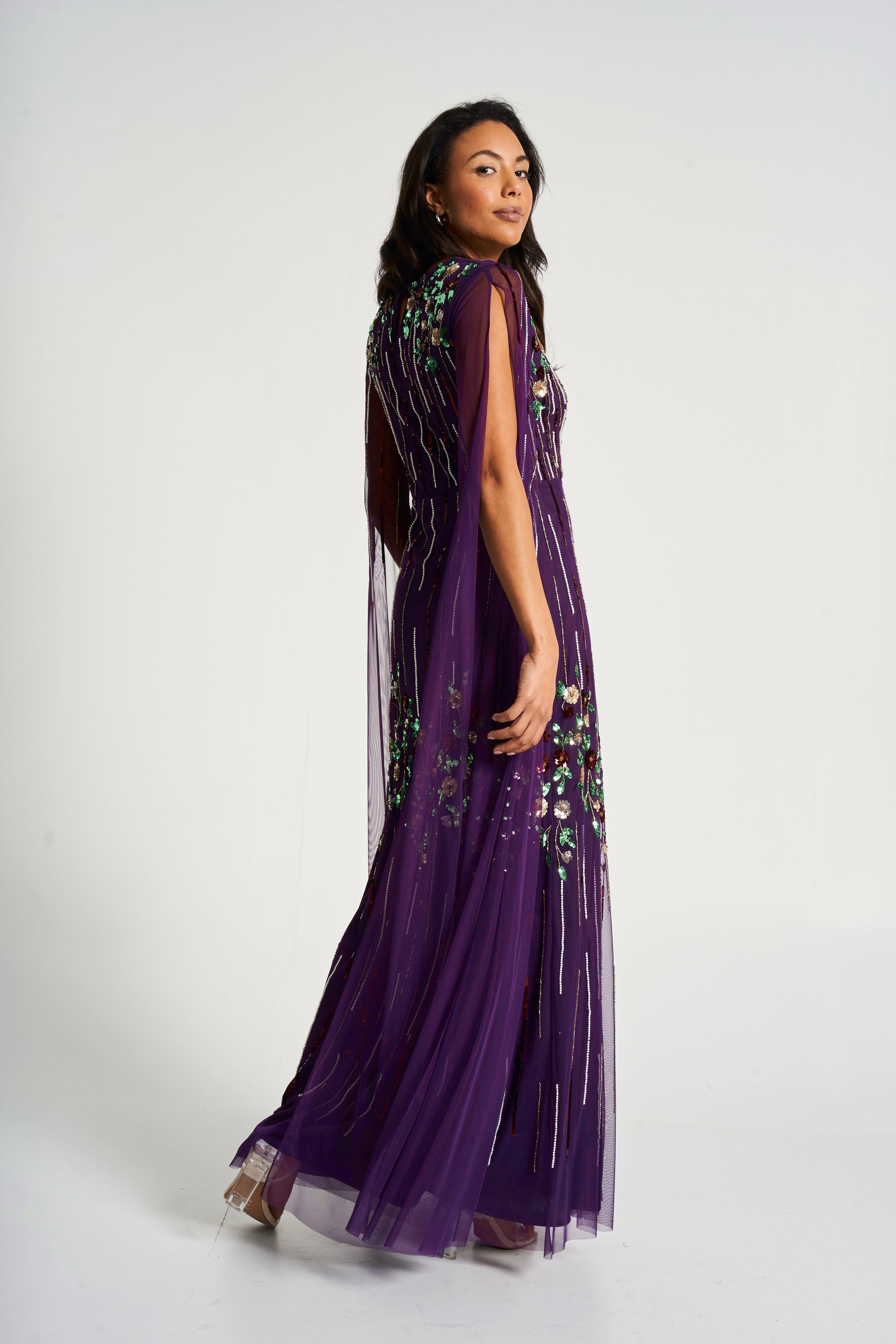 Verbena Purple Cape Sleeve Floral Embellished Maxi Dress Frock and Frill Verbena Purple Cape Sleeve Floral Embellished Maxi Dress Frock and Frill