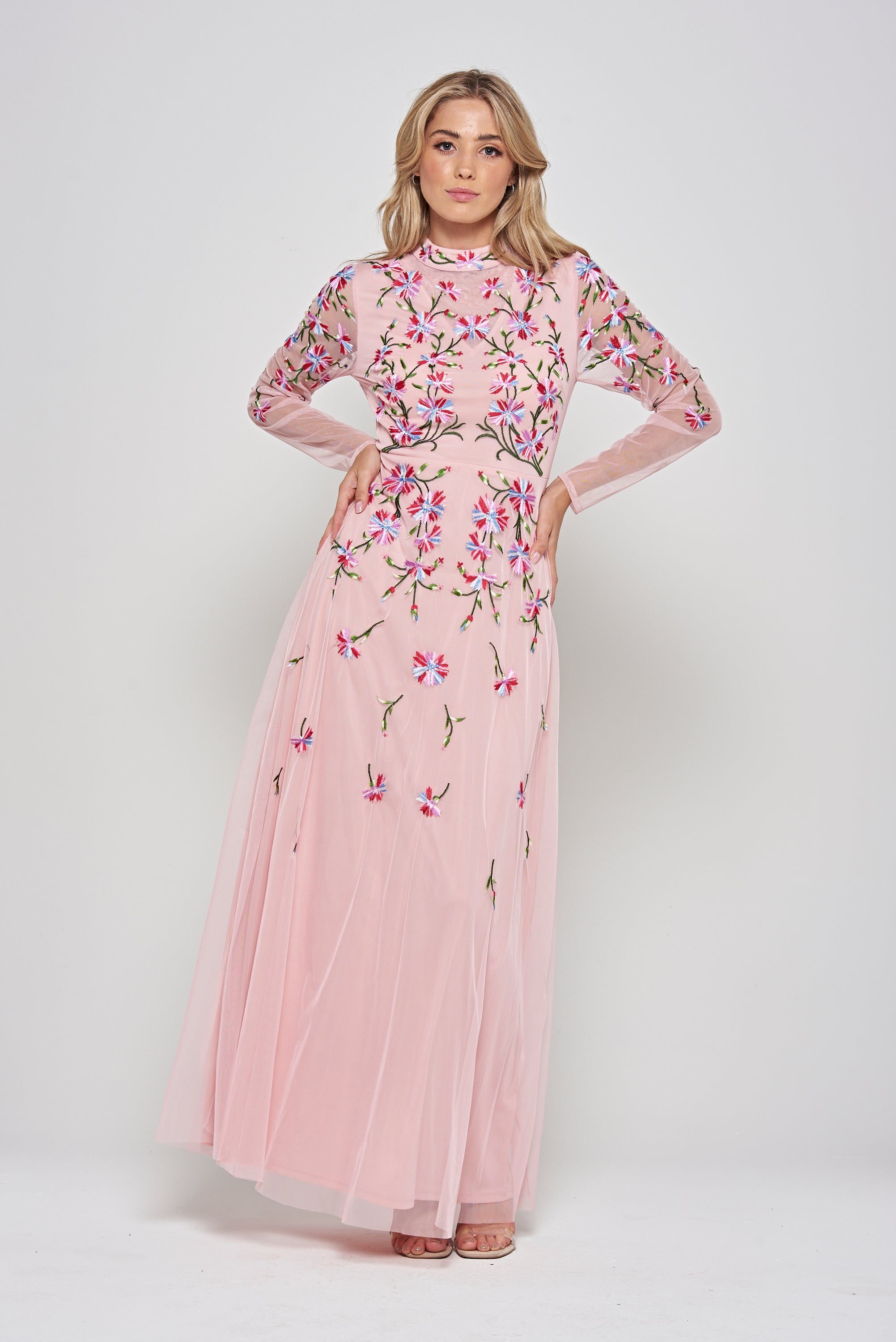 Verena Pink Floral Embroidered Maxi Dress