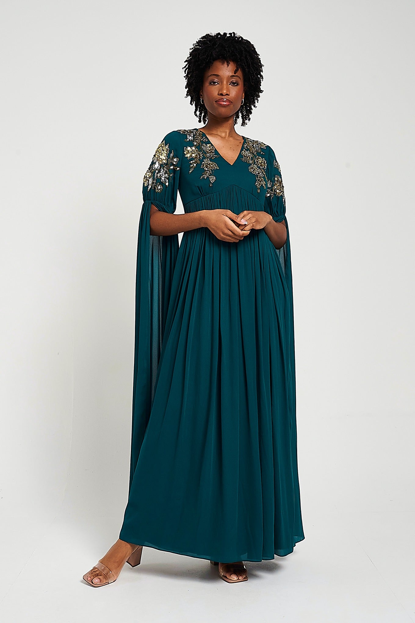 Verity Green Embellished Cape Sleeve Maxi Dress Frock and Frill Verity Green Embellished Cape Sleeve Maxi Dress Frock and Frill