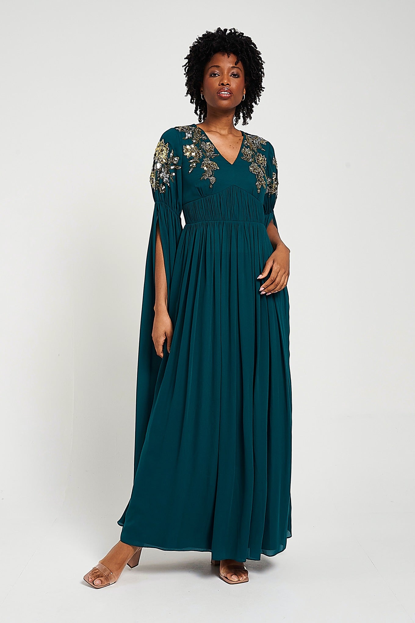 Verity Green Embellished Maxi Dress With Cape Sleeves