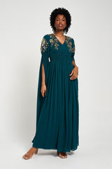 Verity Green Embellished Maxi Dress With Cape Sleeves