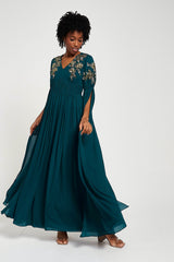 Verity Green Embellished Maxi Dress With Cape Sleeves