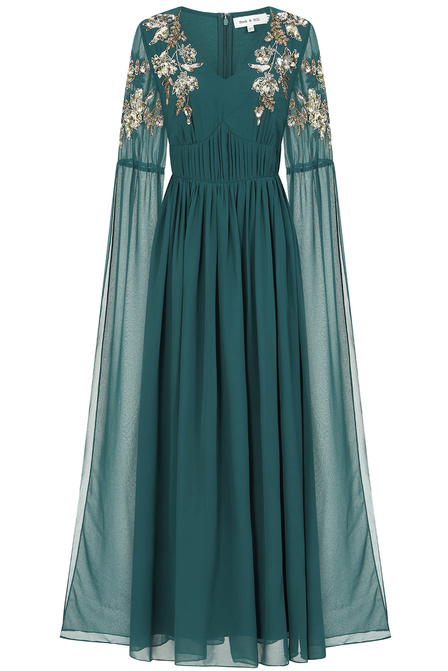 Verity Green Embellished Cape Sleeve Maxi Dress Frock and Frill Verity Green Embellished Cape Sleeve Maxi Dress Frock and Frill