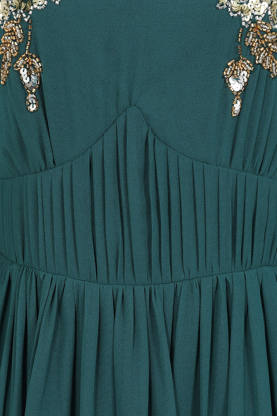 Verity Green Embellished Maxi Dress With Cape Sleeves