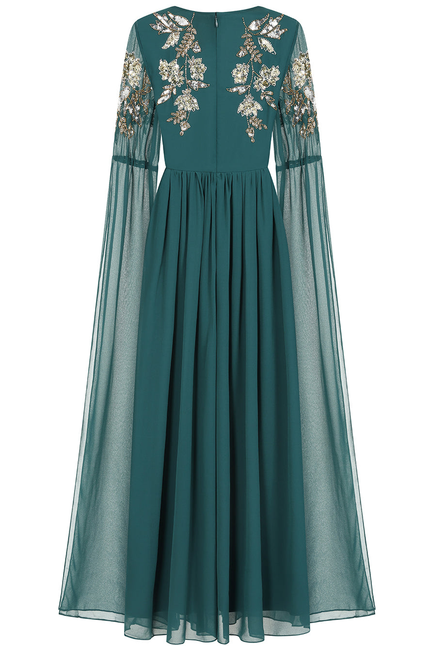 Verity Green Embellished Maxi Dress With Cape Sleeves