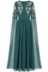 Verity Green Embellished Maxi Dress With Cape Sleeves
