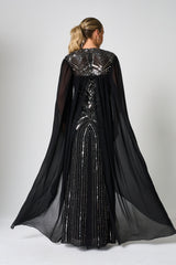 Verna Black Embellished Cape Sleeve Maxi Dress 
