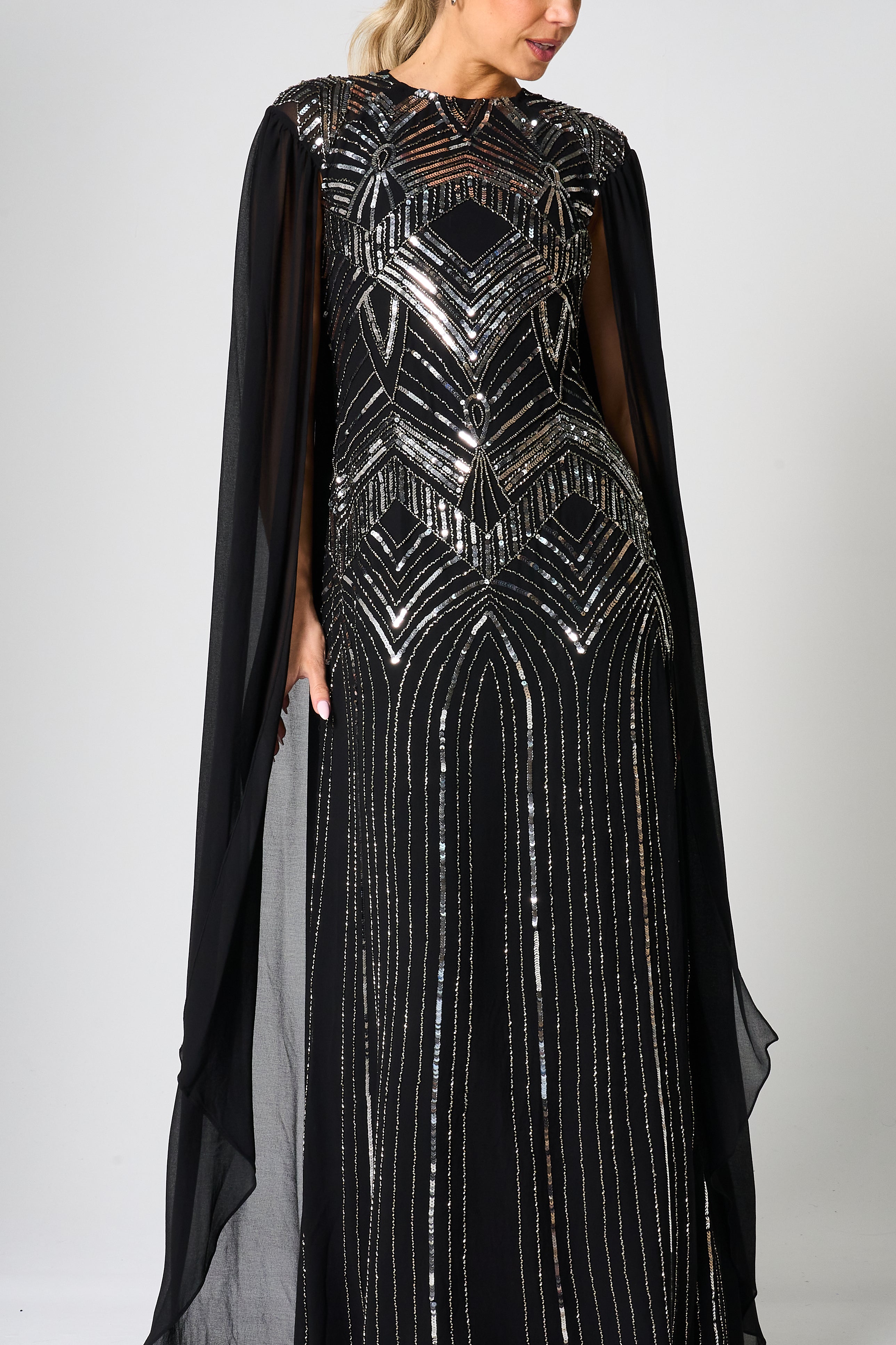 Verna Black Embellished Cape Sleeve Maxi Dress 