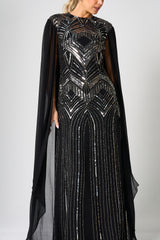 Verna Black Embellished Cape Sleeve Maxi Dress 