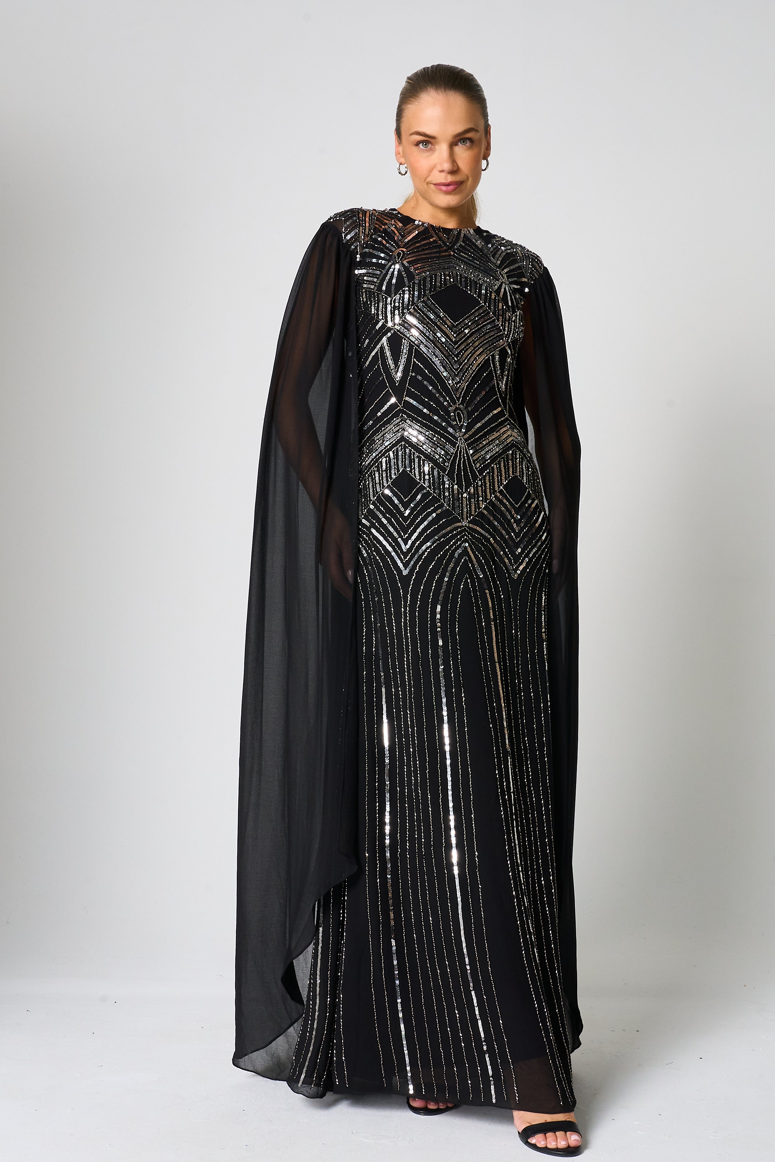 Verna Black Embellished Cape Sleeve Maxi Dress 