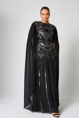 Verna Black Embellished Cape Sleeve Maxi Dress 