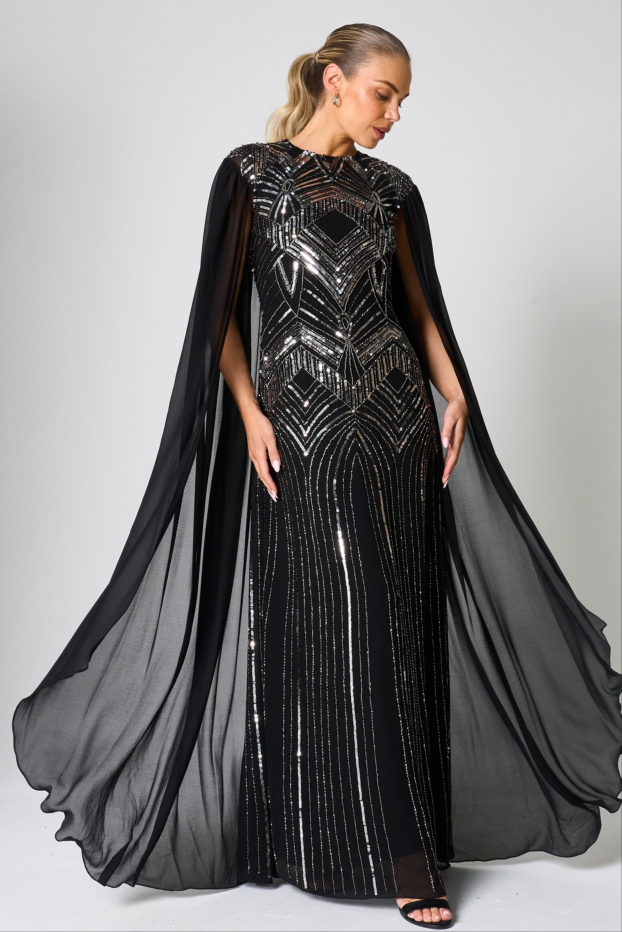 Verna Black Embellished Cape Sleeve Maxi Dress 