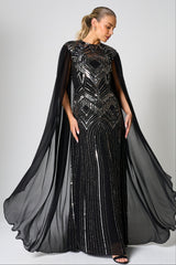 Verna Black Embellished Cape Sleeve Maxi Dress 