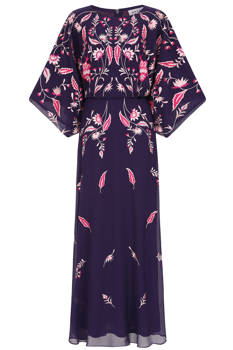 Viola Purple Maxi Dress with floral embroidery, long sleeves, and floor-length flowing silhouette, perfect for weddings and evening events.