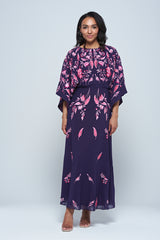 Viola Purple Maxi Dress with floral embroidery, long sleeves, and floor-length flowing silhouette, perfect for weddings and evening events.