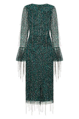 Wren Green Sequin Midi Dress with Beaded Tassels