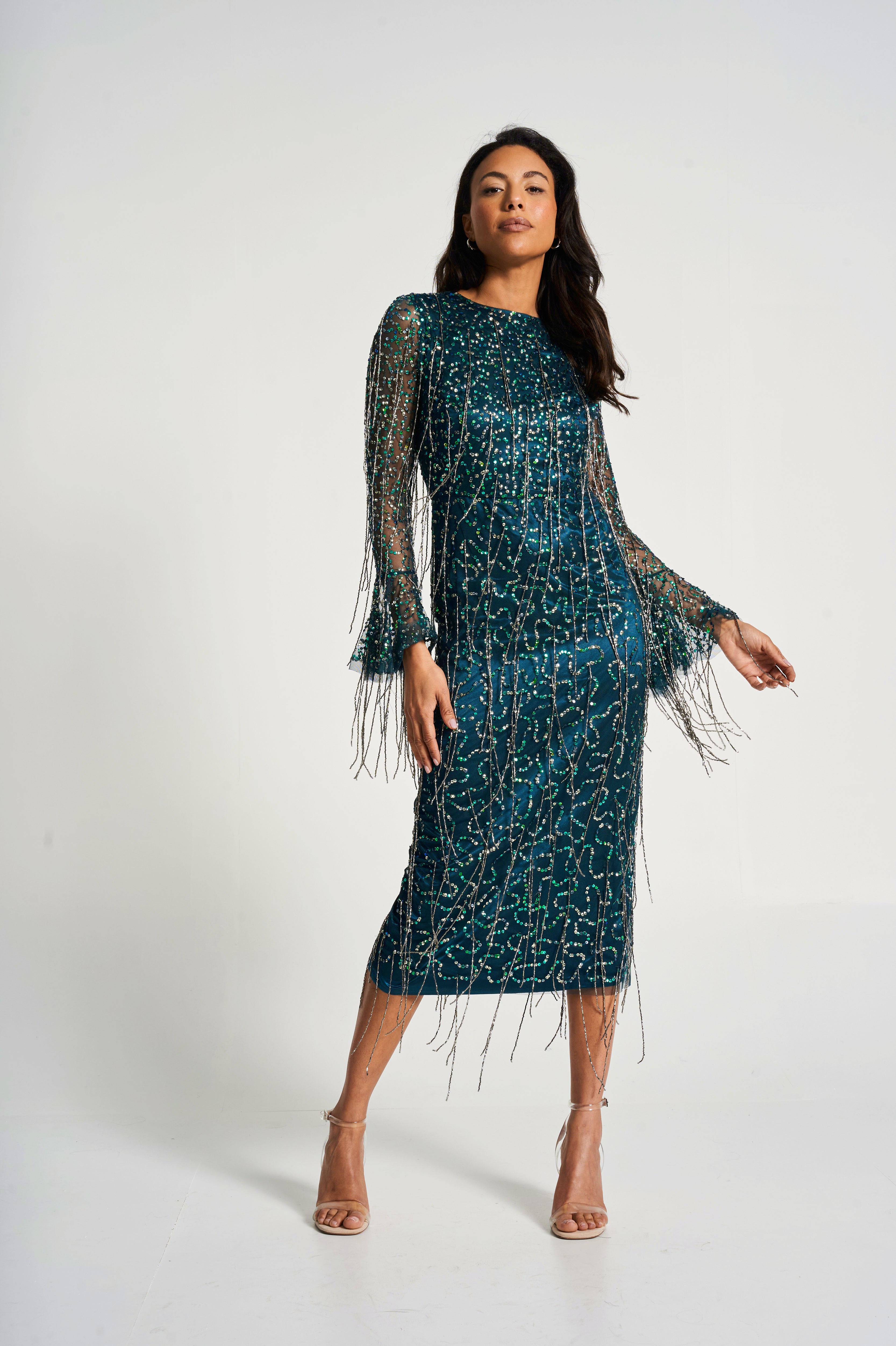 sequin midi dress style Sequin Mesh Surplice Neckline Midi Dress