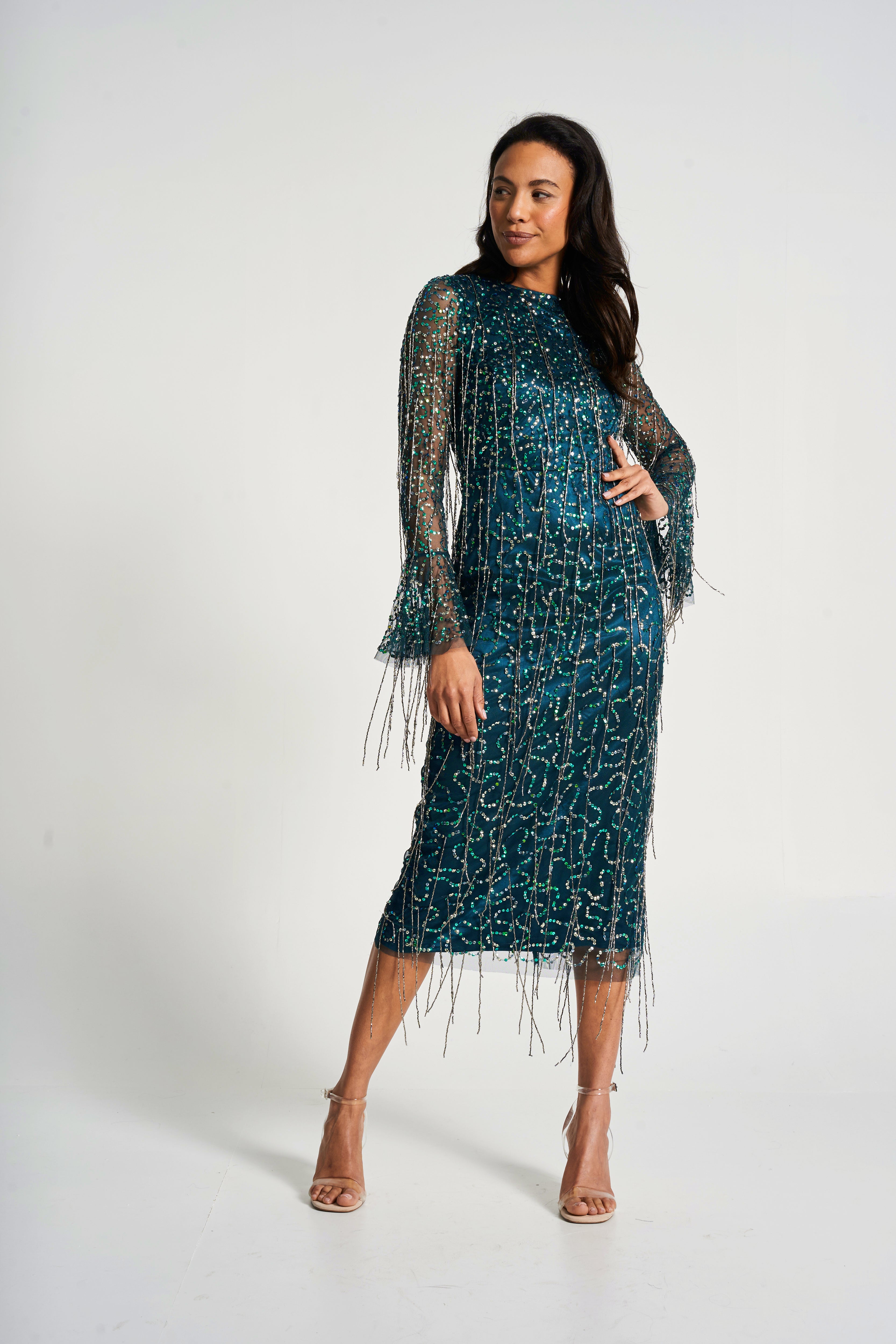 long sleeve green sequin dress Wren Green Sequin Midi Dress with Beaded Tassels – Frock and Frill