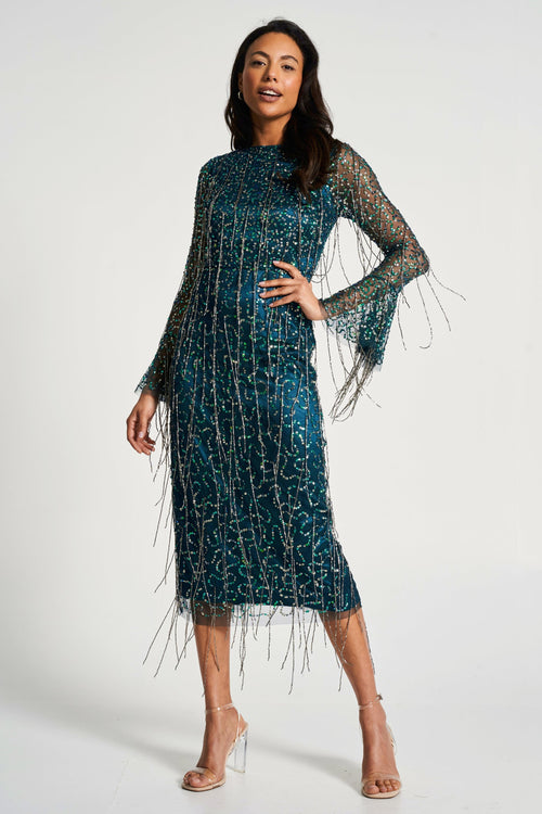 Wren Green Sequin Midi Dress with Beaded Tassels – Frock and Frill