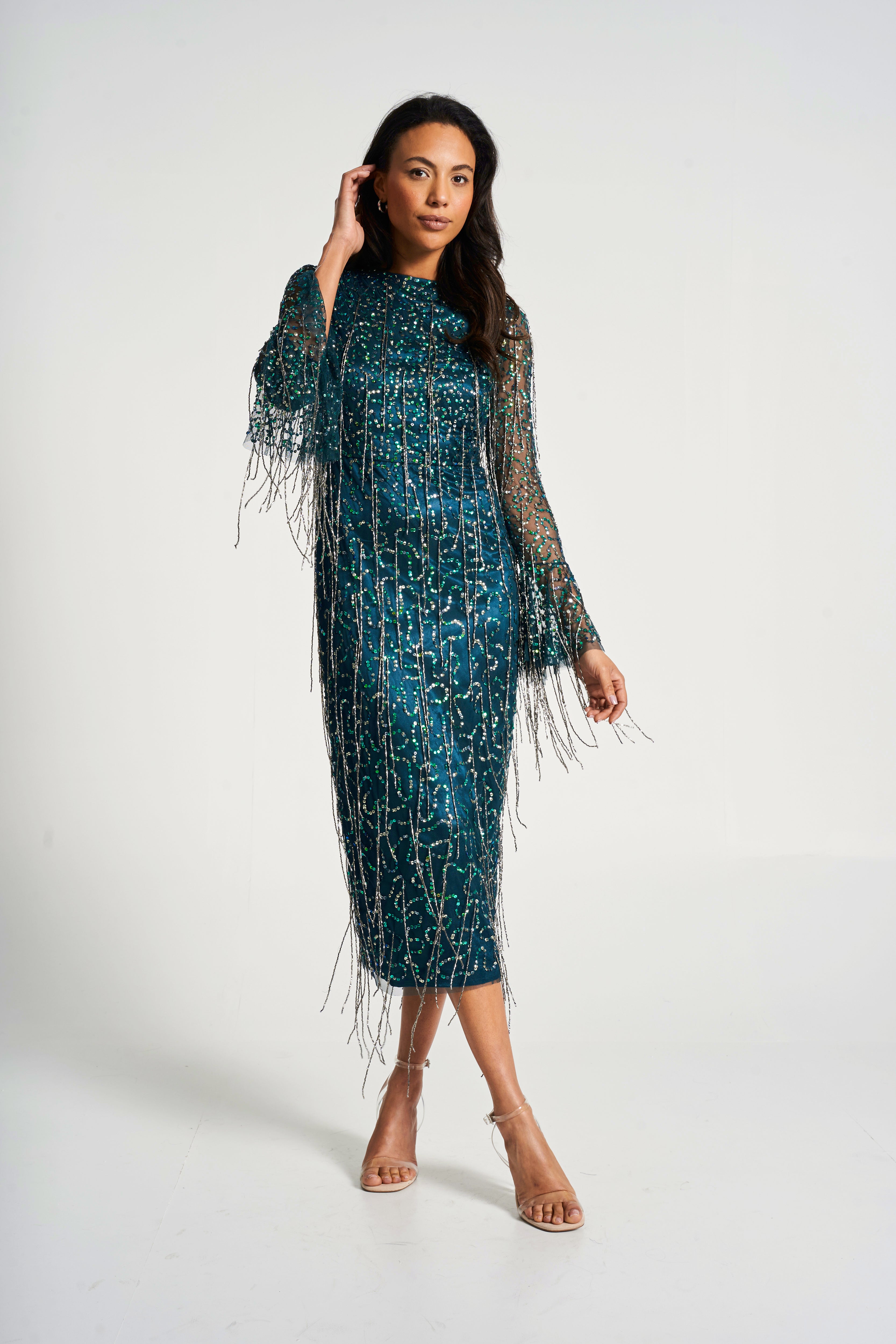 Wren Green Sequin Midi Dress with Beaded Tassels