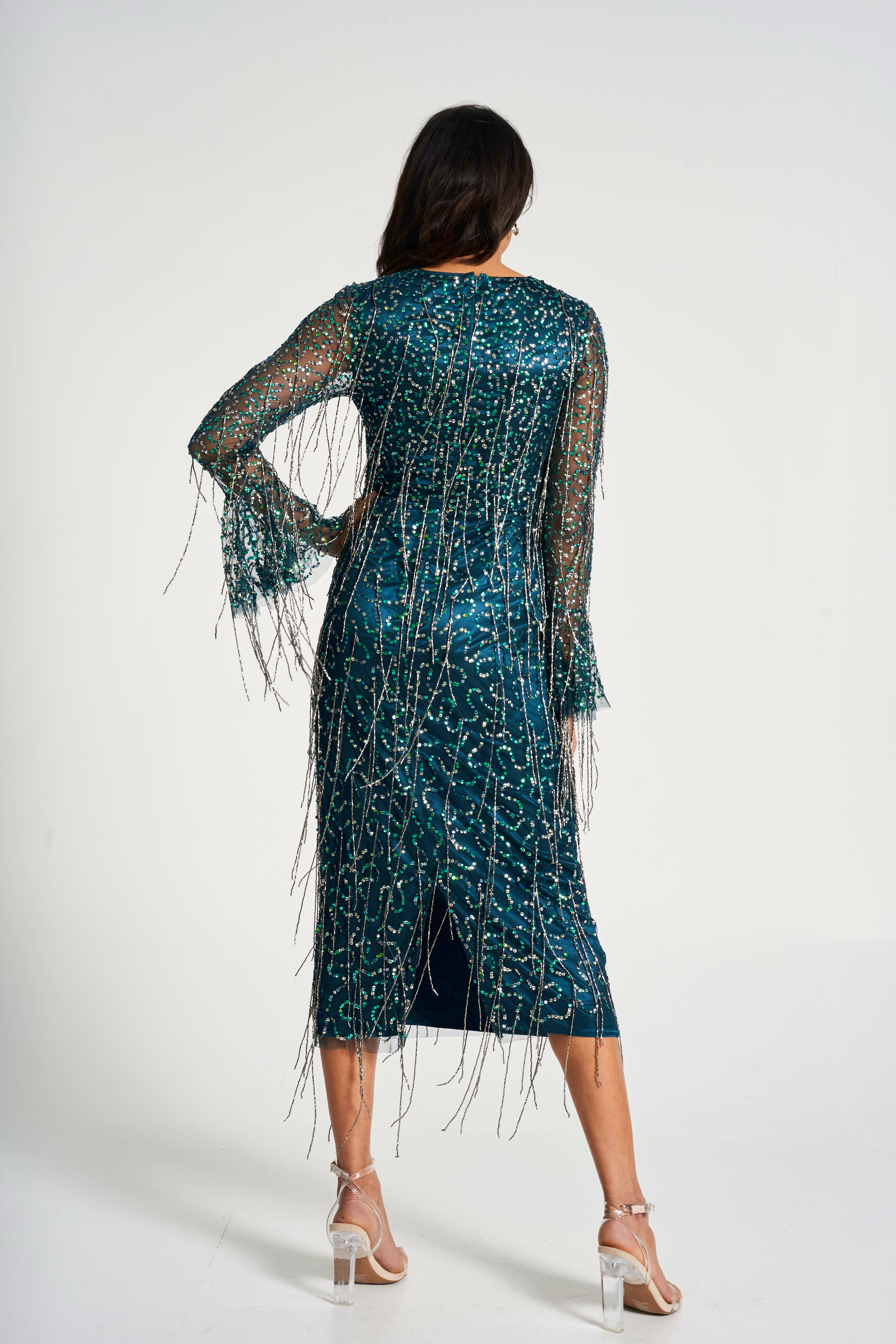 Wren Green Sequin Midi Dress with Beaded Tassels Frock and Frill Wren Green Sequin Midi Dress with Beaded Tassels Frock and Frill