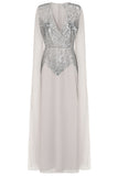 Yvonne Grey Sequin Cape Sleeve Maxi Dress