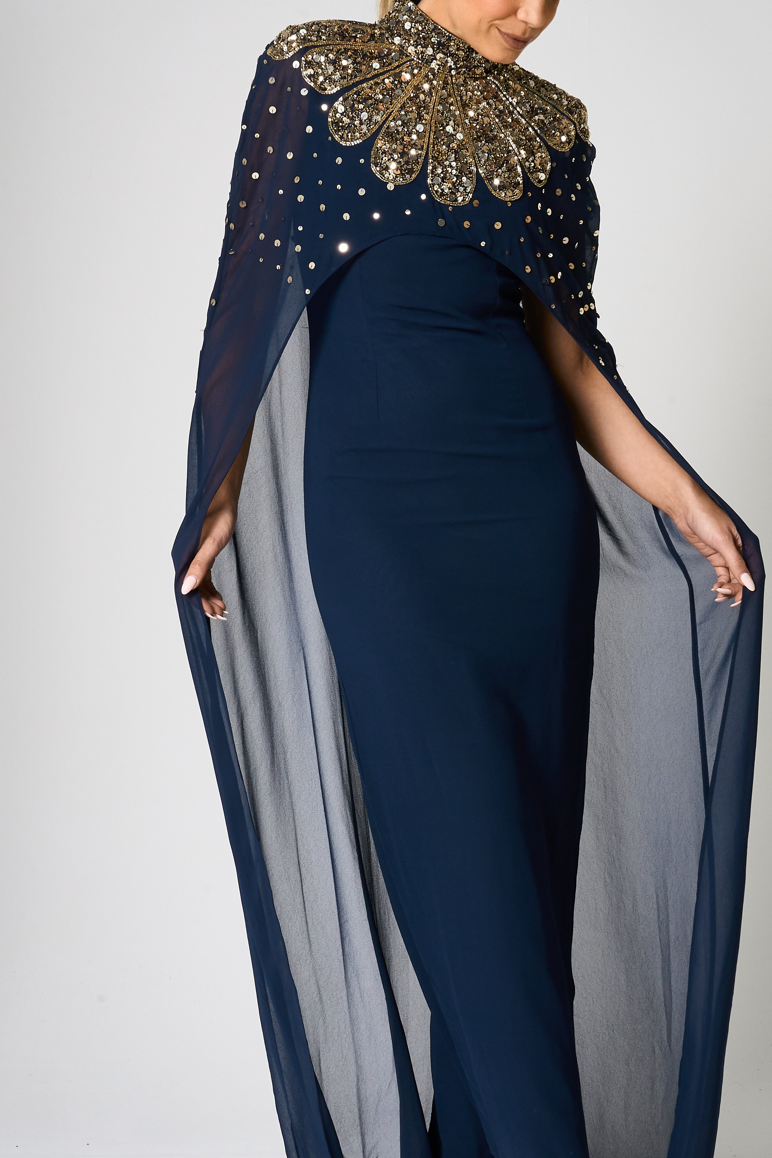 Zadie Navy Gold Embellished Cape Maxi Dress Frock and Frill Zadie Navy Gold Embellished Cape Maxi Dress Frock and Frill