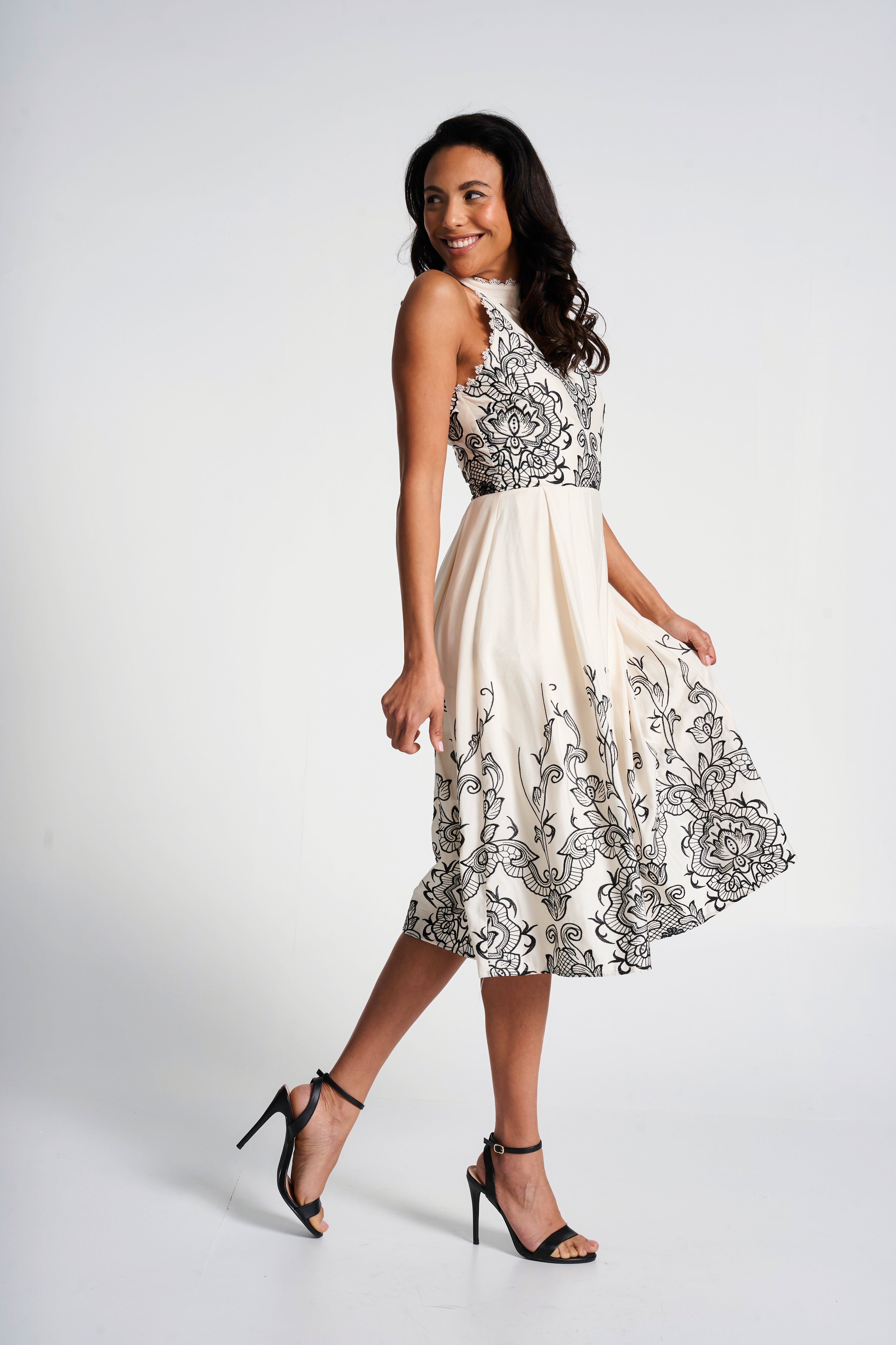 Zalie Off White Embroidered Halter Neck Midi Dress Frock and Frill Zalie Off White Embroidered Halter Neck Midi Dress Frock and Frill