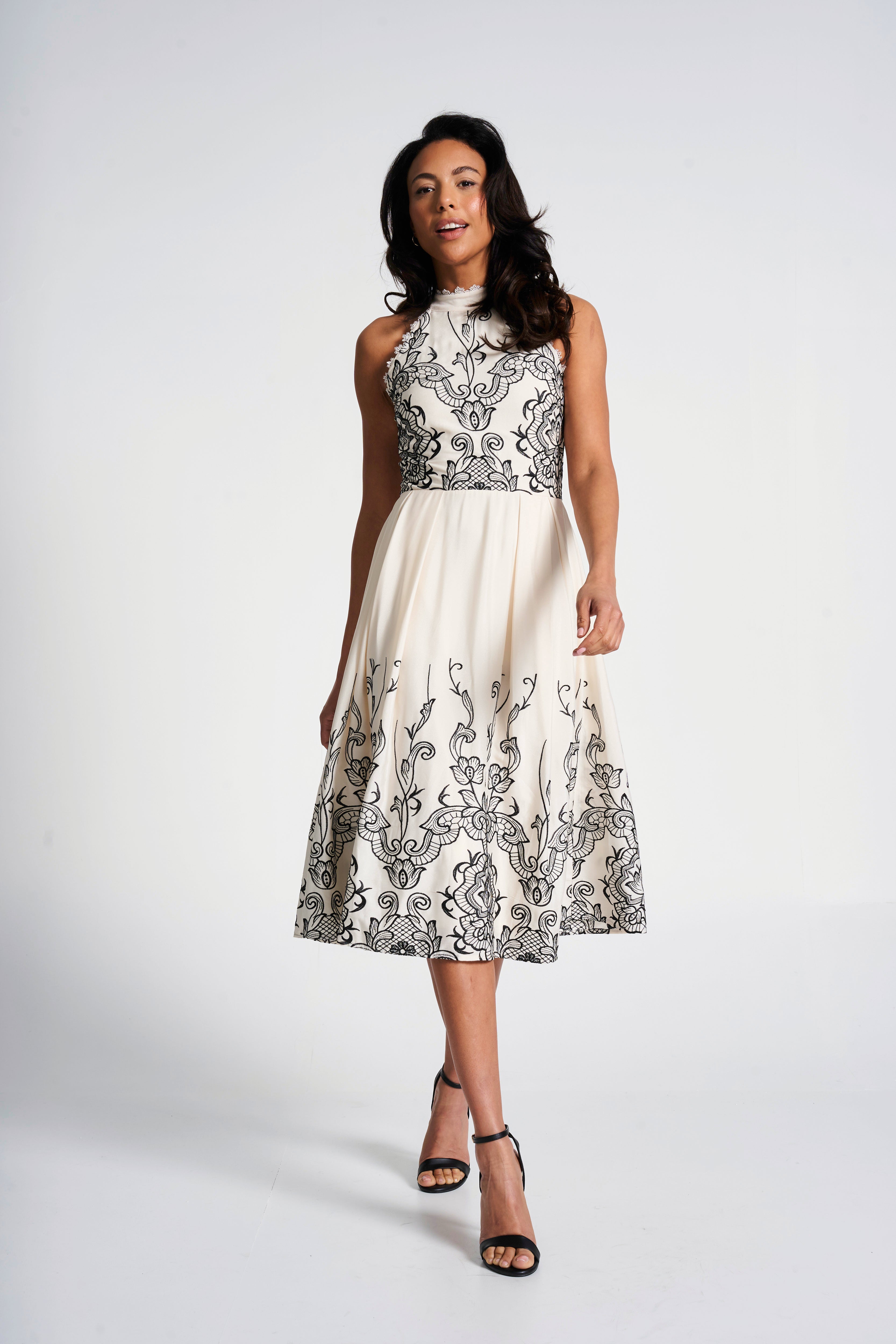 Zalie Off White Embroidered Halter Neck Midi Dress Frock and Frill Zalie Off White Embroidered Halter Neck Midi Dress Frock and Frill