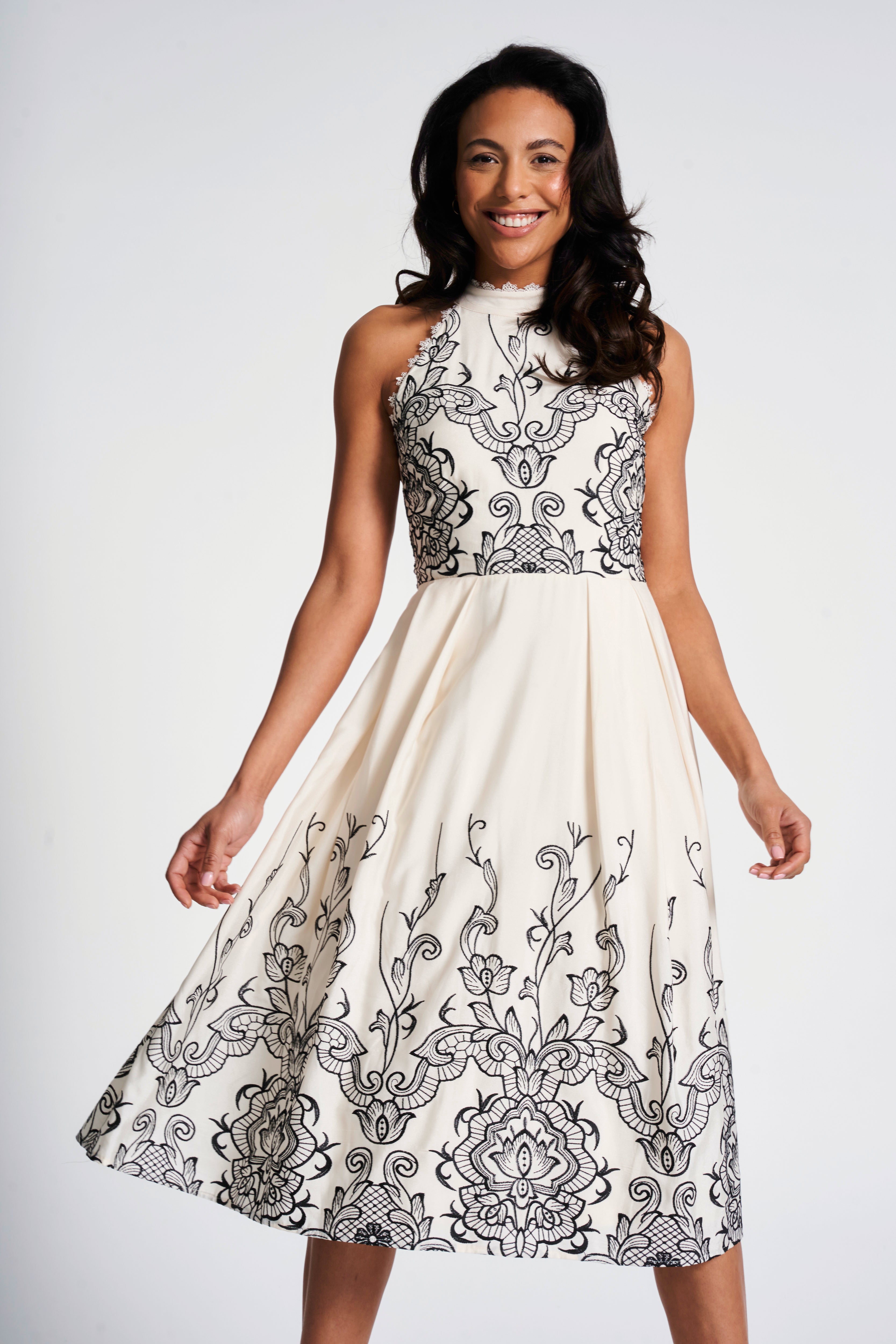 Zalie Off White Embroidered Halter Neck Midi Dress Frock and Frill Zalie Off White Embroidered Halter Neck Midi Dress Frock and Frill