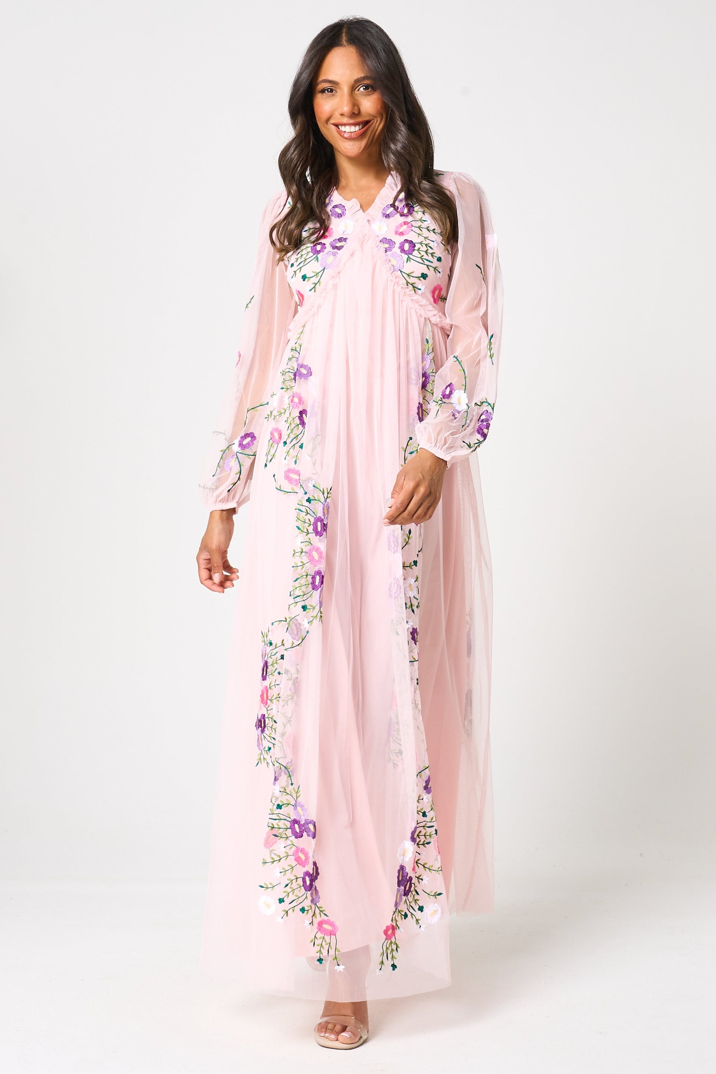 Zaria Blush Floral Embroidered Maxi Dress – Frock and Frill