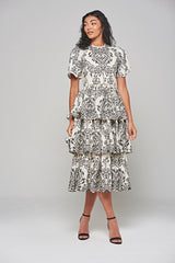 Zariah Off White Embroidered Tiered Midi Dress 