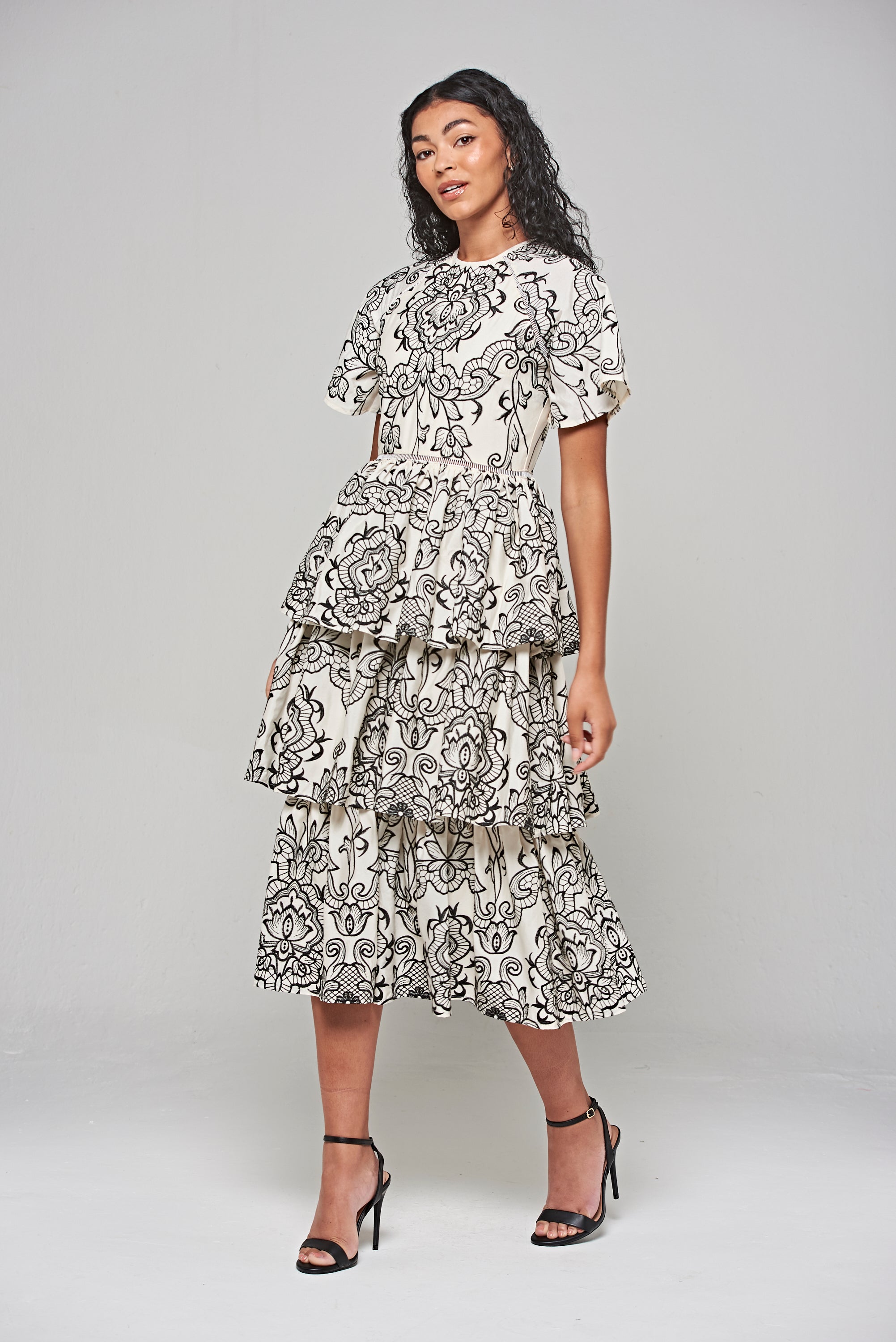 Zariah Off White Embroidered Tiered Midi Dress 