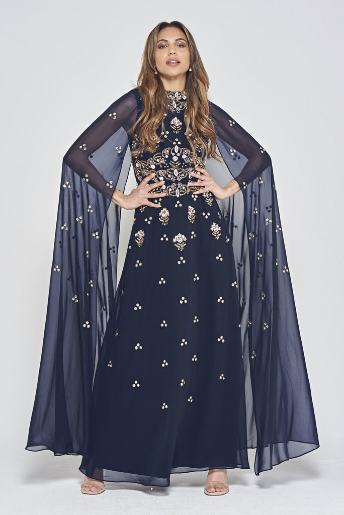 Zarna Embellished Maxi Dress with Cape Sleeves - Navy