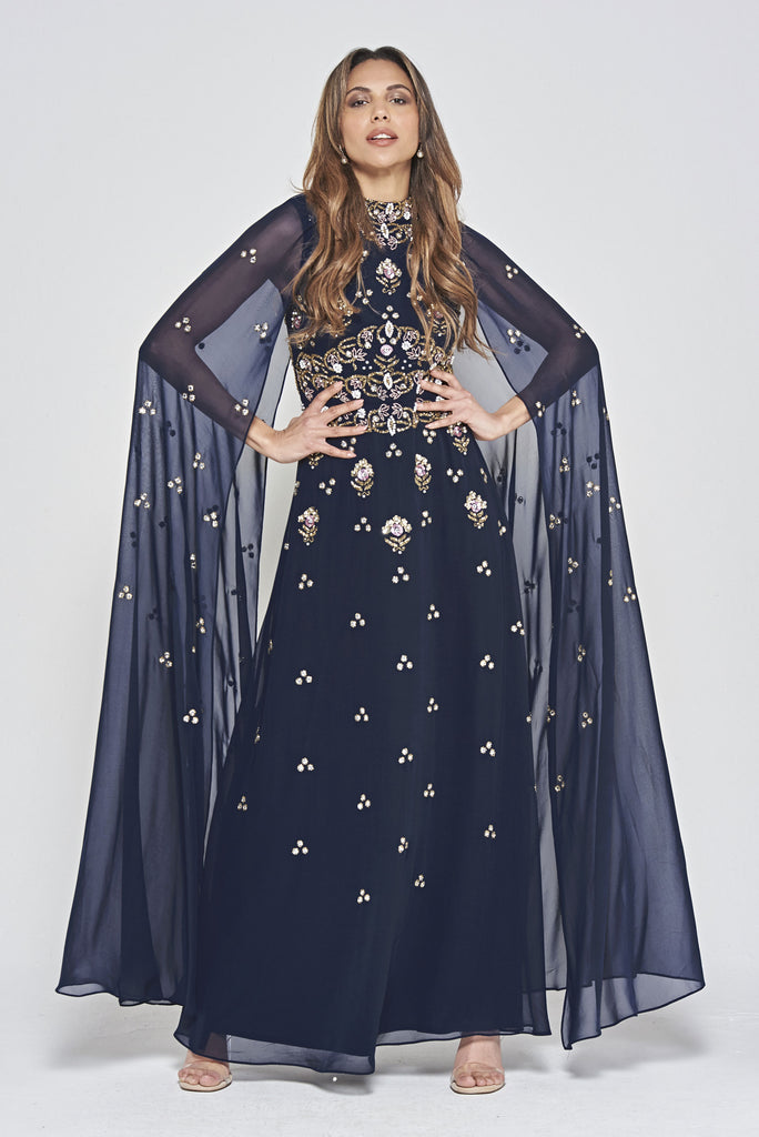 Zarna Navy Embellished Maxi Dress with Cape Sleeves – Frock and Frill