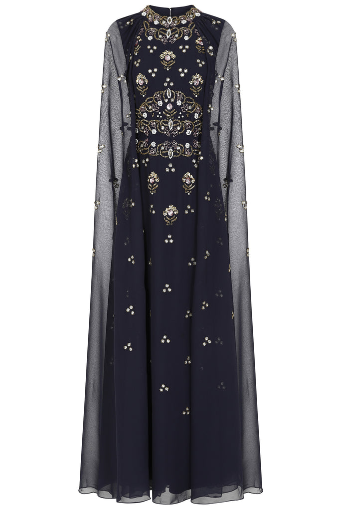 Zarna Embellished Maxi Dress with Cape Sleeves - Navy