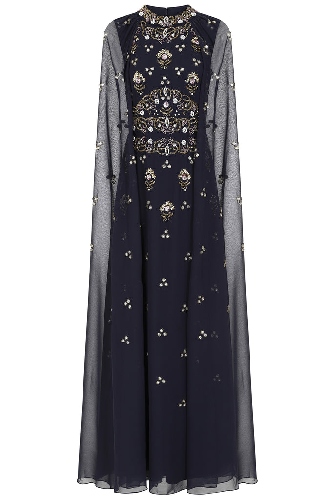Zarna Navy Embellished Maxi Dress with Cape Sleeves – Frock and Frill