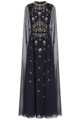 Zarna Embellished Maxi Dress with Cape Sleeves - Navy